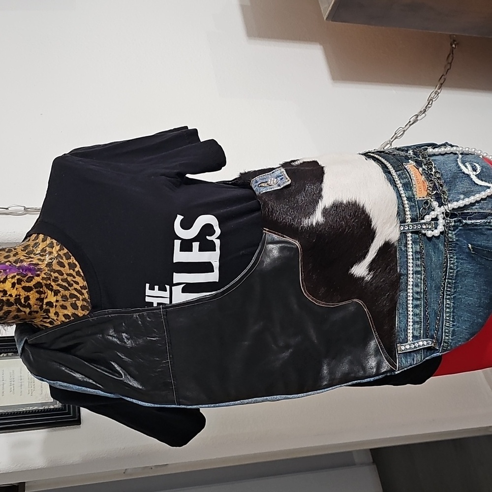 Up cycle custom-made mix media cross body bag.